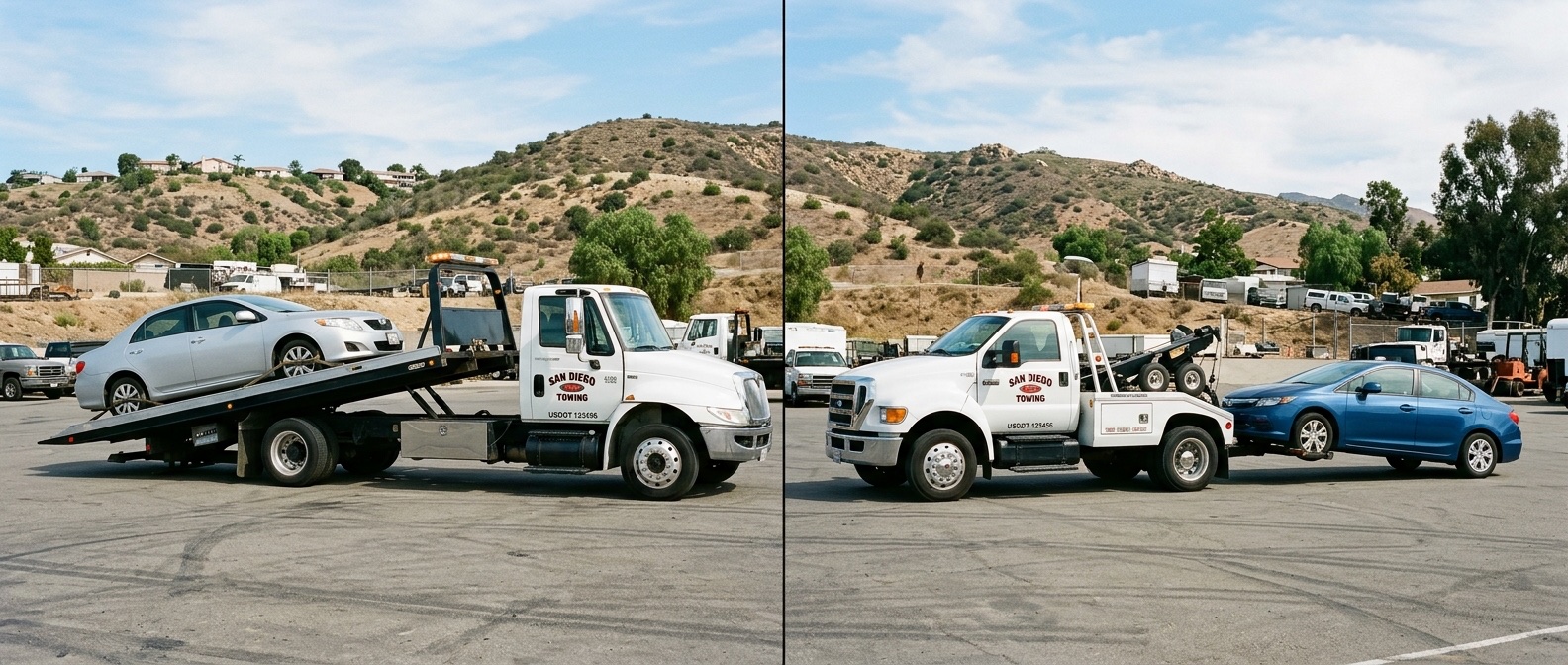 Side-by-side comparison of a flatbed tow truck and a wheel-lift tow truck loading vehicles in a San Diego service yard