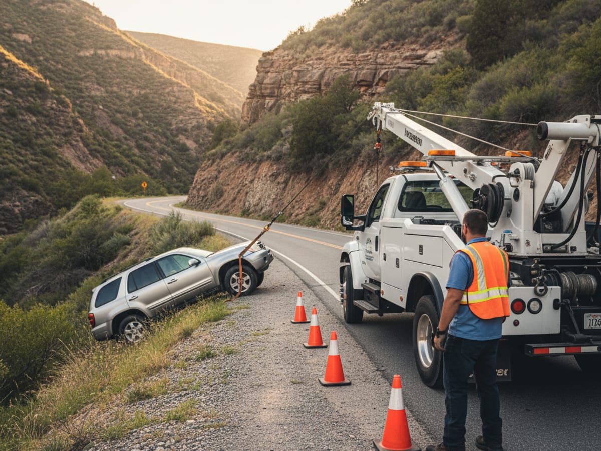 Quick Tow SD wrecker winching a stuck SUV out of soft sand on a San Diego County beach access road