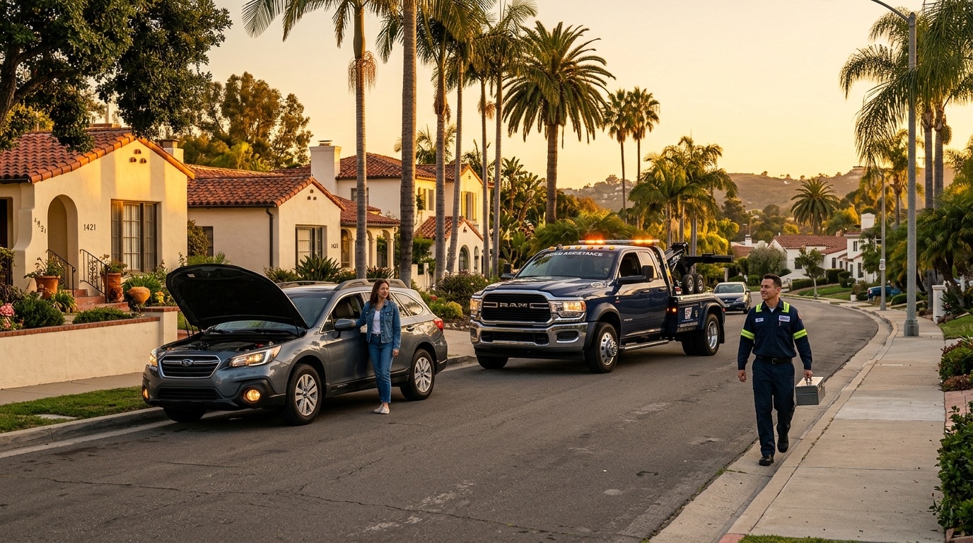 A driver on the shoulder of a San Diego freeway calling for roadside help next to a stopped car