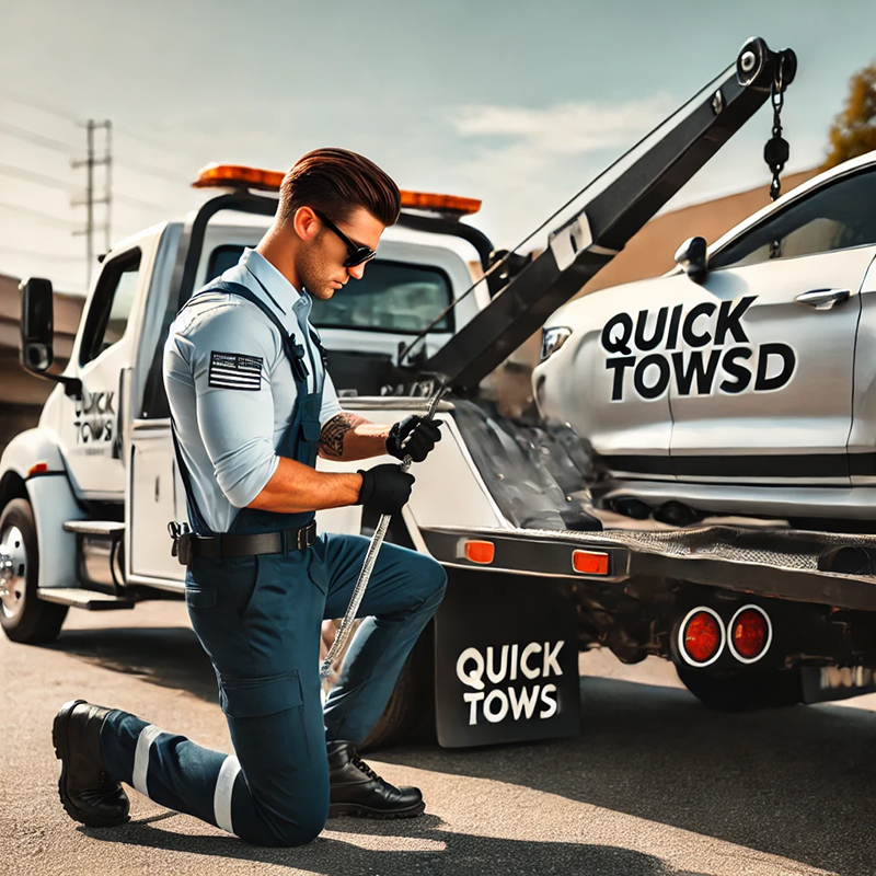 Tow truck operator from QuickTowSD securing a vehicle to a modern tow truck on a sunny San Diego street, showcasing reliable and professional towing services.